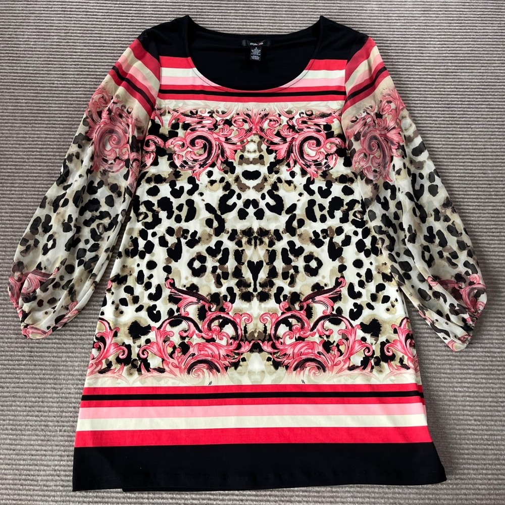 Style & Co Womens Small Leopard‎ Baroque Print Sheer Balloon Sleeve Tunic Top